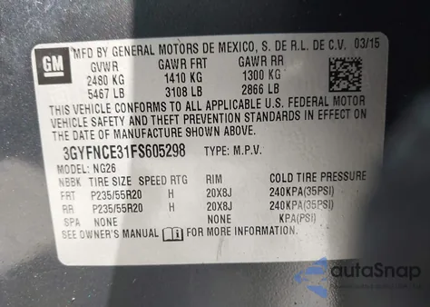 2015 Cadillac Srx Performance Collection from USA, damaged, VIN 3GYFNCE31FS605298